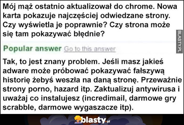 Mąż zaktualizował, pokazuje najczęściej odwiedzane strony, czy wyświetla je poprawnie? Tak, to znany problem, adware pokazuje fałszywą historię