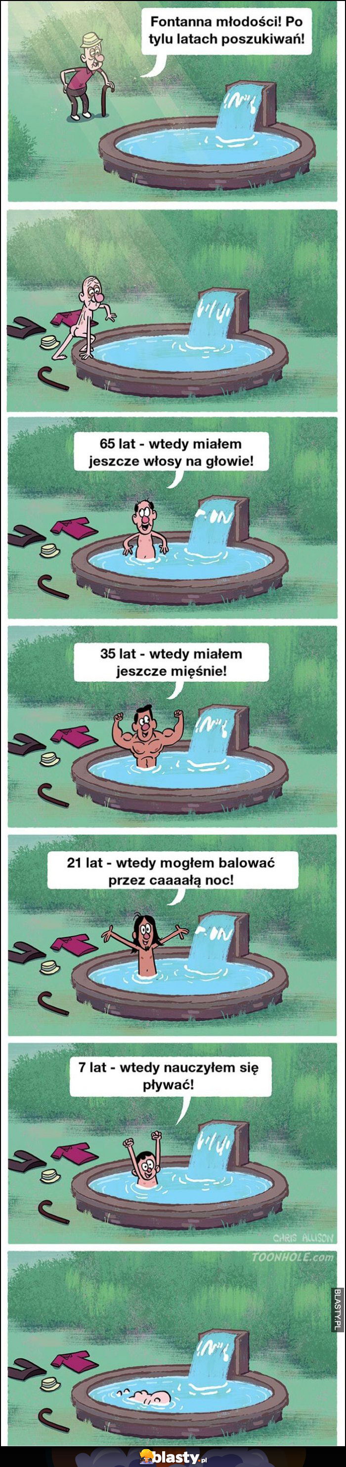 Fontanna młodości odmładza gościa aż umiera jako noworodek komiks