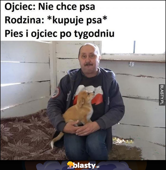 Ojciec: nie chce psa, rodzina kupuje psa, pies i ojciec po tygodniu