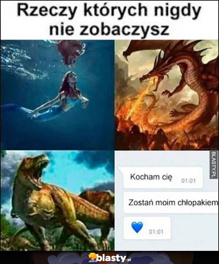 Rzeczy których nigdy nie zobaczysz: syrenka, smok, dinozaur, wiadomość: kocham cię, zostań moim chłopakiem