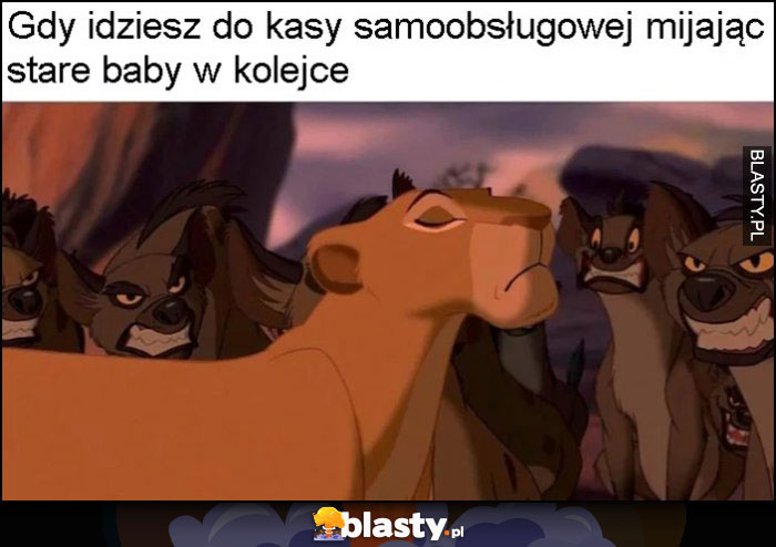 Gdy idziesz do kasy samoobsługowej mijając stare baby w kolejce Król Lew hieny