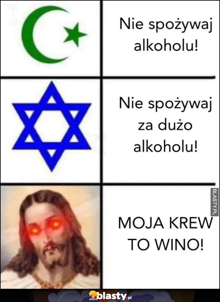 Islam: nie spożywaj alkoholu, judaizm: nie spożywaj za dużo alkoholu, katolicyzm Jezus: moja krew to wino