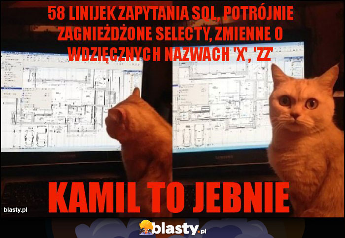58 linijek zapytania sql, potrójnie zagnieżdżone selecty, zmienne o wdzięcznych nazwach 'x', 'zz' 58 linijek zapytania sql, potrójnie zagnieżdżone selecty, zmienne o wdzięcznych nazwach 'x', 'zz'