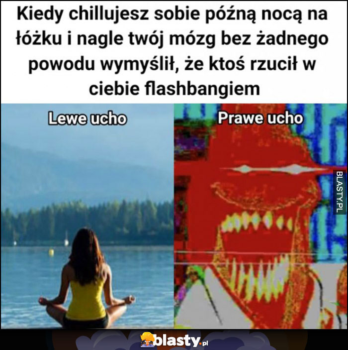 Kiedy chillujesz sobie późną nocą na łóżku i nagle twój mózg bez żadnego powodu wymyślił, że ktoś rzucił w ciebie flashbangiem lewe ucho vs prawe ucho