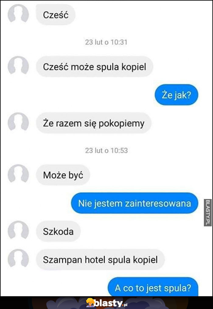 Cześć może spula kopiel, szampan hotel spula kopiel rozmowa na messengerze