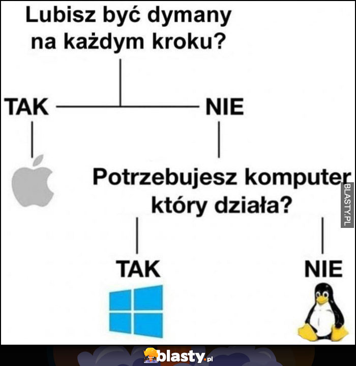 Lubisz być dymany na każdym kroku? Tak - apple, nie - potrzebujesz komputer który działa? Tak - Windows, Nie - Linux