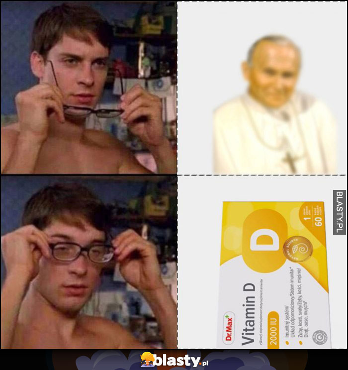 Papież żółta morda zakłada okulary opakowanie witaminy