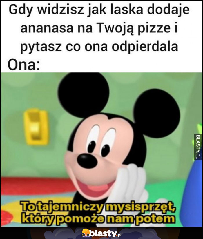 Gdy widzisz jak laska dodaje ananasa na pizzę i pytasz co robi. Myszka Miki: to tajemniczy mysisprzęt, który pomoże nam potem