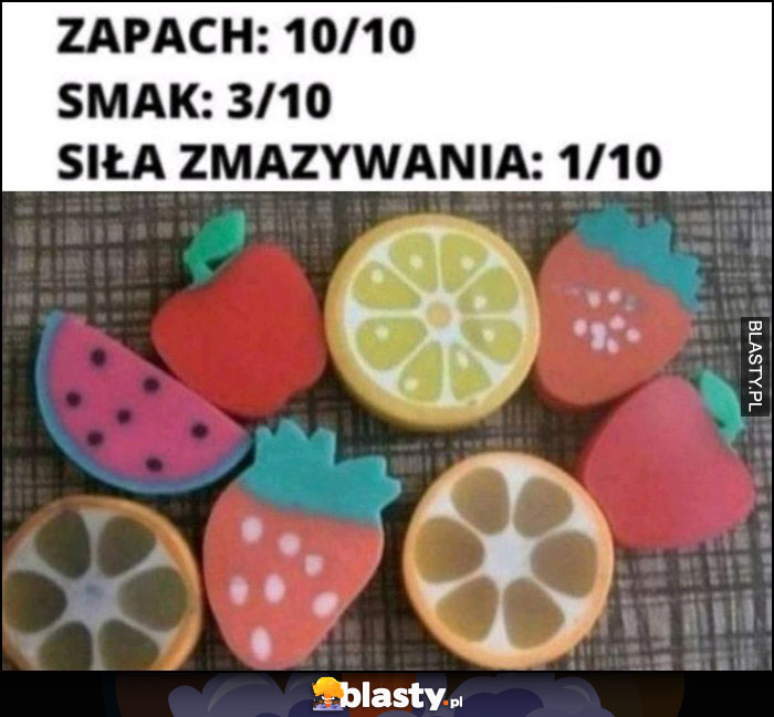 Gumki owoce do ścierania zapach 10/10, smak 3/10, siła zmazywania 1/10