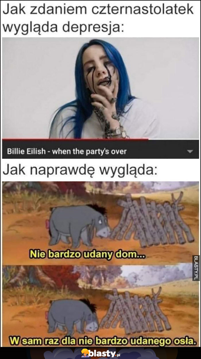 Jak zdaniem czternastolatek wygląda depresja Billie Eilish vs jak naprawdę wygląda Kłapouchy nie bardzo udany dom w sam raz dla nie bardzo udanego osła