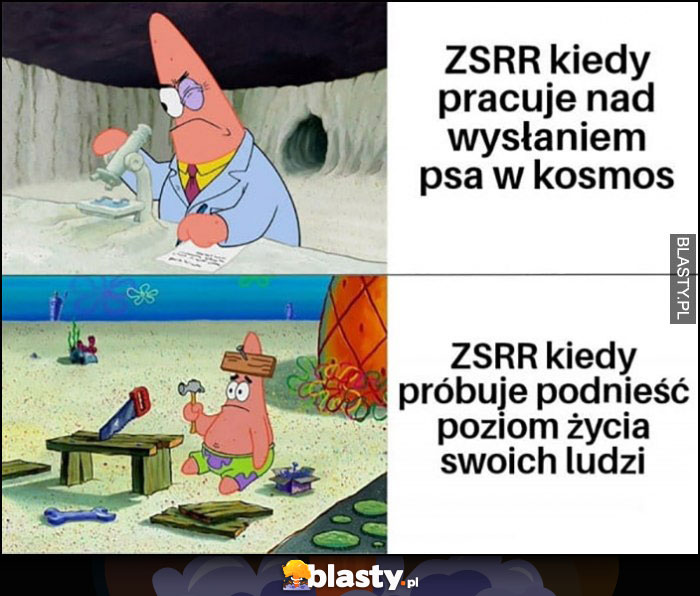 ZSRR kiedy pracuje nad wysłaniem psa w kosmos bs kiedy próbuje podnieść poziom życia swoich ludzi Spongebob