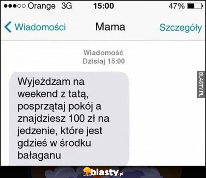 SMS od mamy: wyjeżdzam na weekend z tatą posprzątaj pokój a znajdziesz 100 zł na jedzenie, które jest gdzieś w środku bałaganu