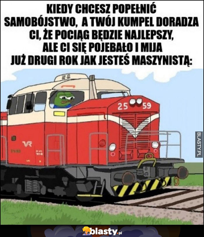 Kiedy chcesz popełnić samobójstwo, a Twój kumpel doraca, że pociąg będzie najlepszy, ale ci się pomyliło i mija drugi rok jak jesteś maszynistą smutna żaba Pepe