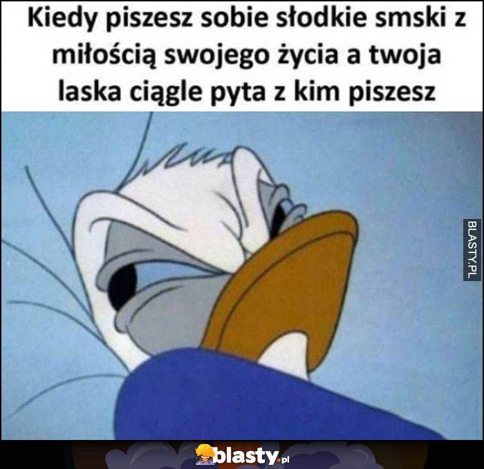 Kiedy piszesz sobie słodkie smski z miłością swojego życia a twoja laska ciągle pyta z kim piszesz Kaczor Donald