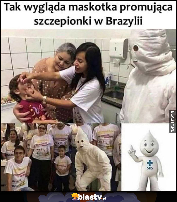 Tak wygląda maskotka promująca szczepionki w Brazylii biały worek na głowie
