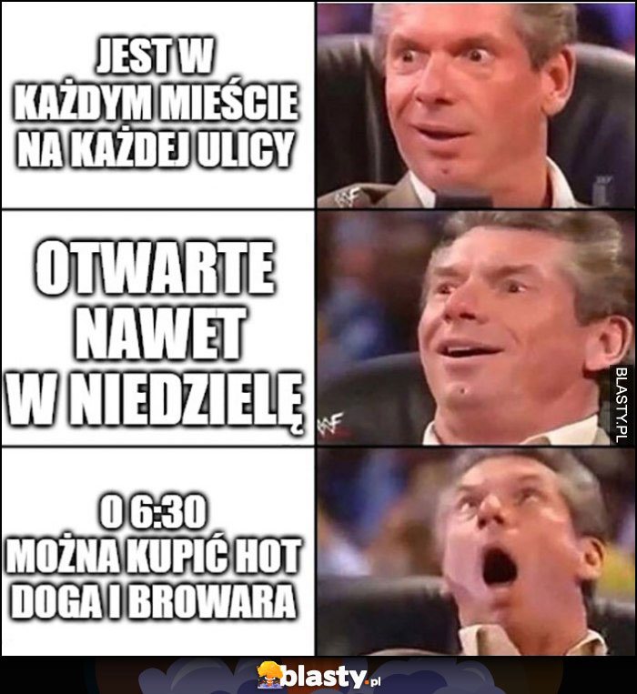 Żabka jest w kazdym mieście, na każdej ulicy, otwarte nawet w niedzielę, o 6:30 można kupić hot-doga i browara