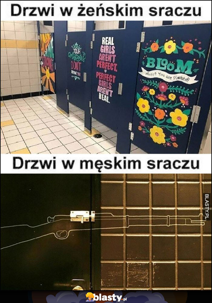 Drzwi w żeńskim kiblu vs drzwi w męskim kiblu porównanie kolorowe napisy vs strzelba