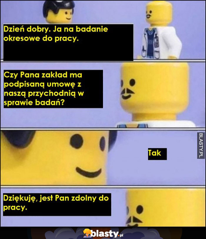 Dzień odbry ja na badanie okresowe do pracy, czy zakład ma umowę z przychodnią? Tak, dziękuję jest pan zdolny do pracy lekarz Lego