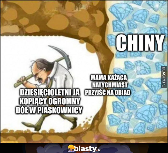 Dziesięcioletni ja kopiący ogromny dół w piaskownicy, Chiny, mama każąca natychmiast przyjść na obiad