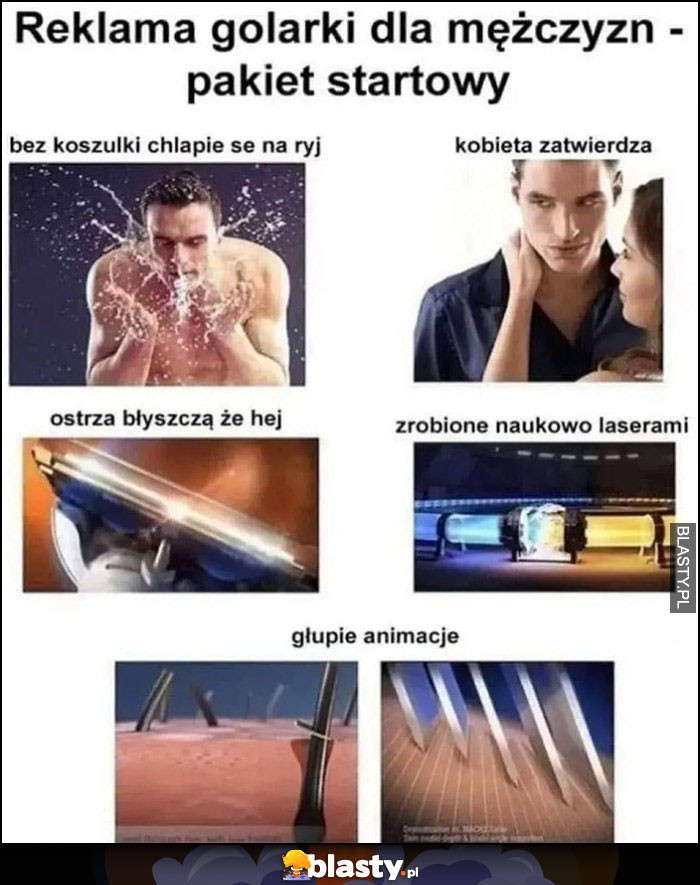 Reklama golarki dla mężczyzn pakiet startowy starter pack: chlapie na ryj, kobieta zatwierdza, ostrza błyszczą, głupie animacje