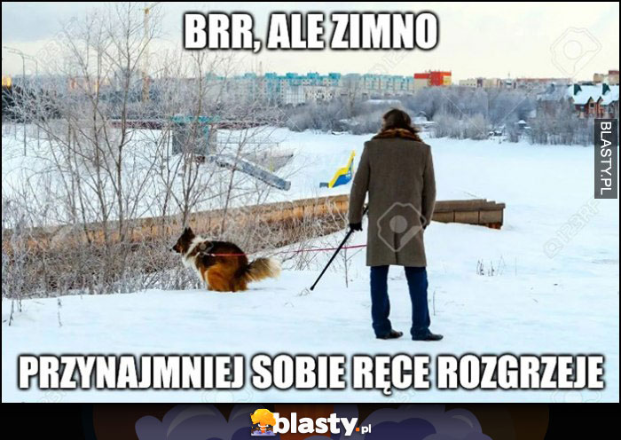 Brr ale zimno, pies sra robi kupę, przynajmniej sobie ręce rozgrzeję