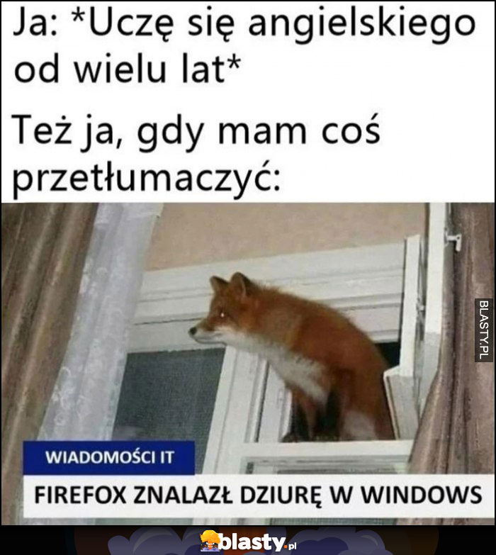 Ja: uczę się angielskiego od lat, też ja gdy mam coś przetłumaczyć: Firefox znalazł dziurę w Windows