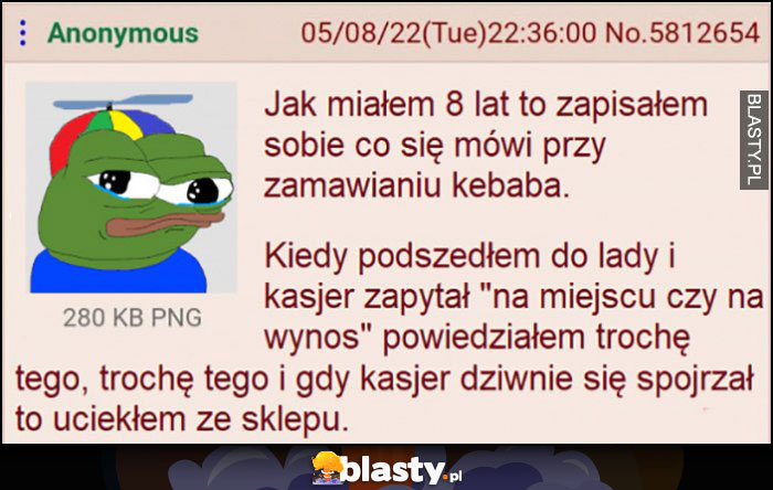 Kasjer zapytał: kebab na miejscu czy na wynos? Powiedziałem trochę tego, trochę tego i uciekłem ze sklepu