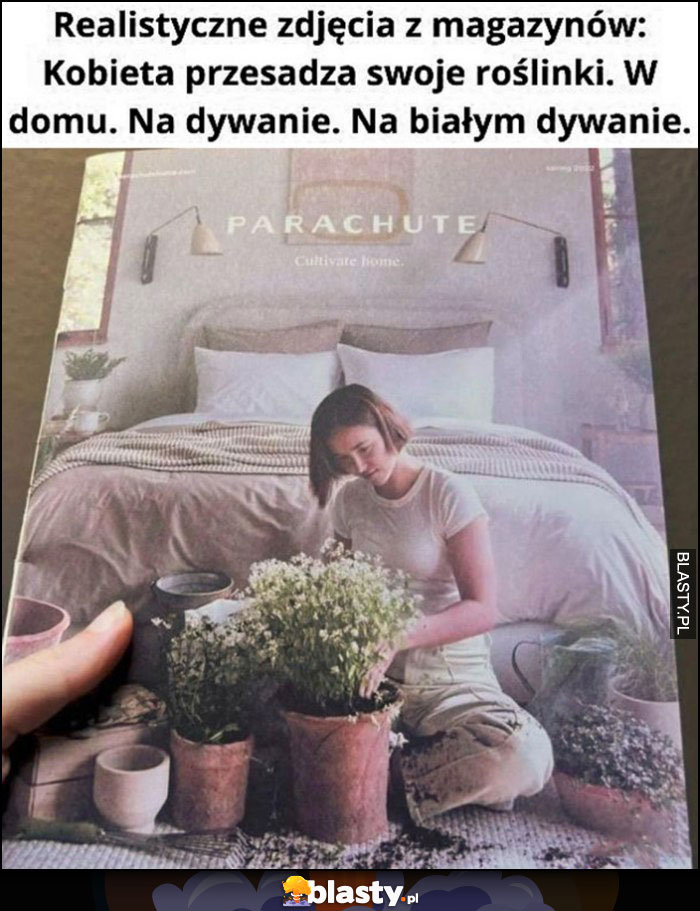 Realistyczne zdjęcia z magazynów: kobieta przesadza swoje roślinki w domu na białym dywanie