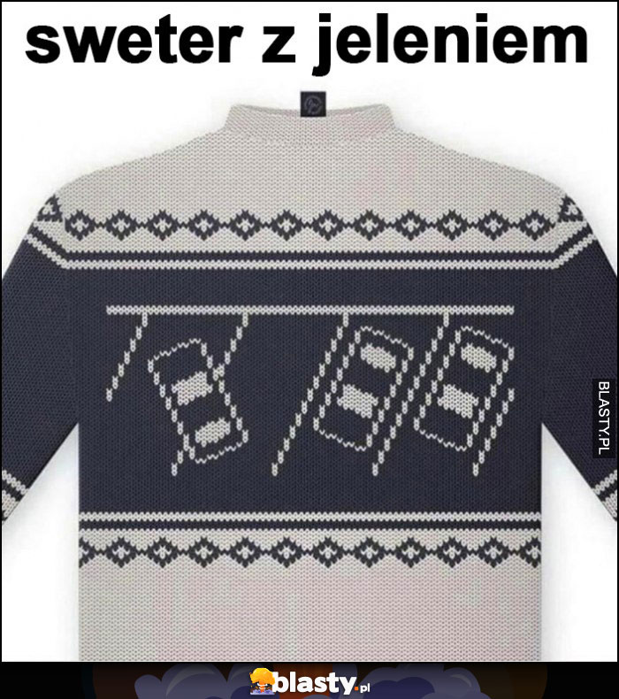 Sweter świąteczny z jeleniem krzywo zaparkowany samochód