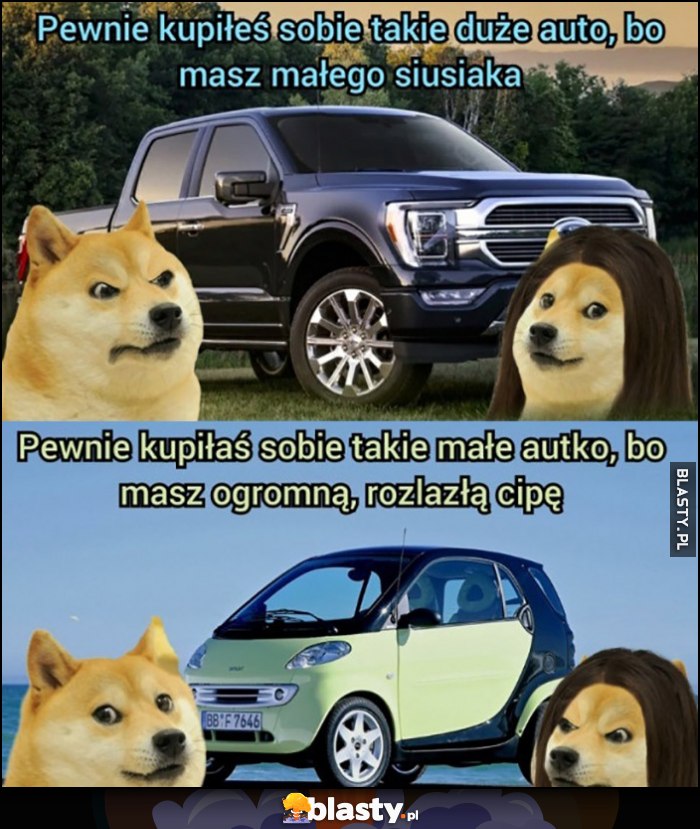 Pewnie kupiłeś sobie takie duże auto bo masz małego, pewnie kupiłaś sobie takie małe auto bo masz ogromną rozlazłą cpe