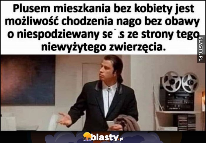 Plusem mieszkania bez kobiety jest możliwość chodzenia nago bez obawy o niespodziewany keks ze strony tego niewyżytego zwierzęcia Pulp Fiction