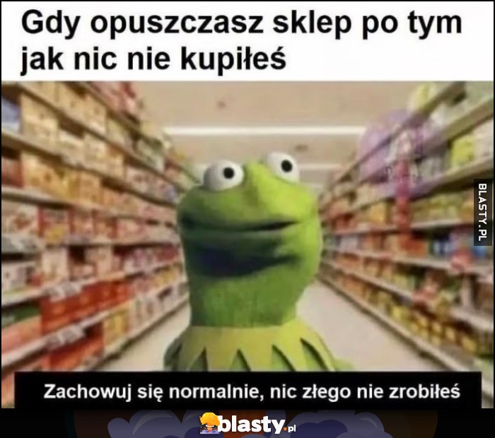 Kermit gdy opuszczasz sklep po tym jak nic nie kupiłeś, zachowuj się normalnie, nic złego nie zrobiłeś