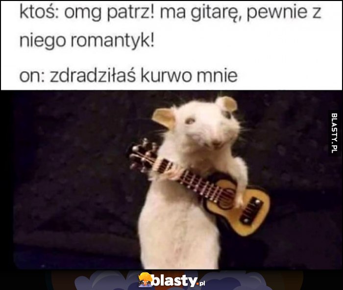 Ktoś: omg patrz, ma gitarę pewnie z niego romantyk! On: zdradziłaś kurło mnie szczur szczurek