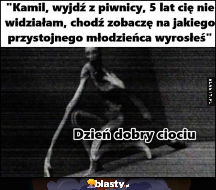 Kamil wyjdź z piwnicy, 5 lat cię nie widziałam chodź zobaczę na jakiego przystojnego młodzieńca wyrosłeś, dzień dobry ciociu