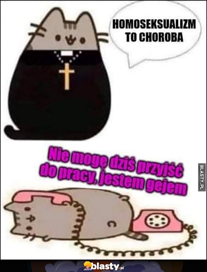 Ksiądz kot Pusheen: homoseksualizm to choroba, nie mogę dziś przyjść do pracy, jestem gejem