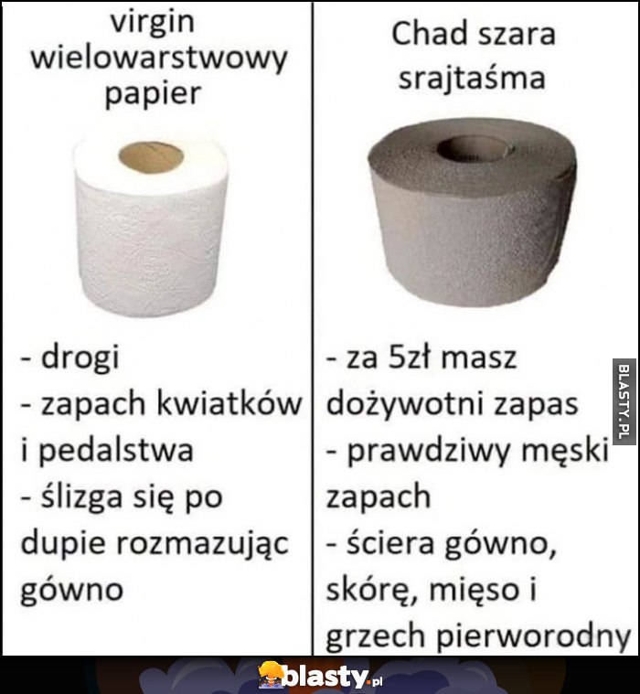 Virgin wielowarstwowy papier vs Chad szara srajtaśma porównanie