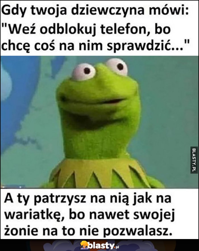 Kermit gdy twoja dziewczyna mówi: weź odblokuj telefon, bo chcę coś na nim sprawdzić, a ty patrzysz na nią jak na wariatkę, bo nawet swojej żonie na to nie pozwalasz