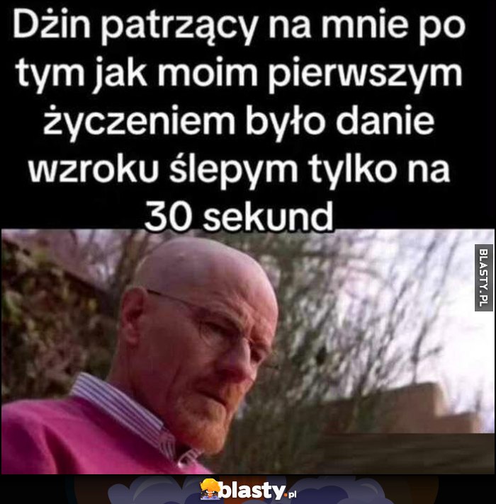 Dżin patrzący na mnie po tym jak moim pierwszym życzeniem było danie wzroku ślepym tylko na 30 sekund Breaking Bad