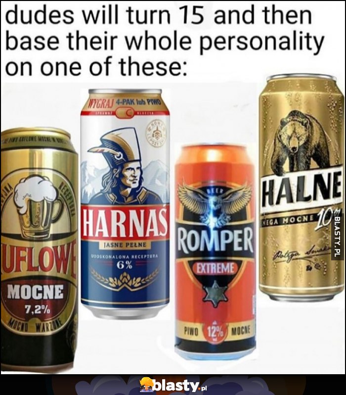 Goście w wieku 15 lat opierają całą swoją osobowość na jednym z nich: piwo piwa Kuflowe mocne, Harnaś, Romper, Halne