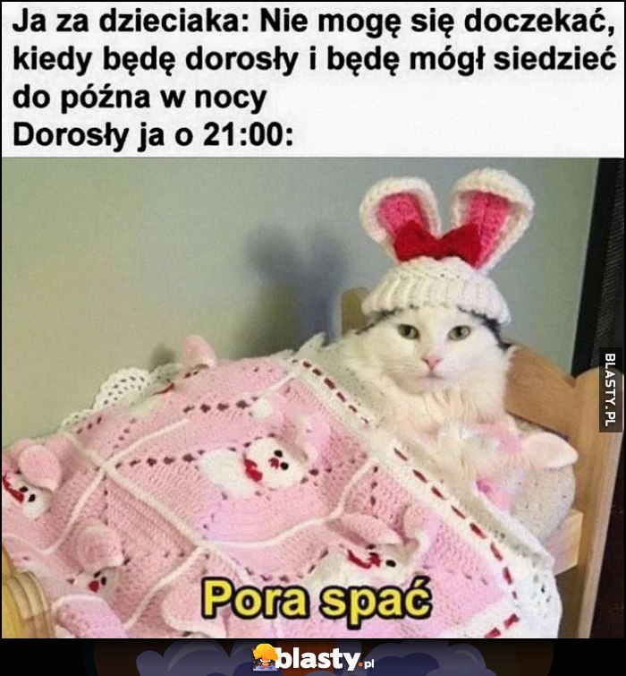 Ja za dzieciaka: nie mogę się doczekać aż będę dorosły i będę mógł siedzieć do późna w nocy vs dorosły ja o 21: pora spać kot kotek