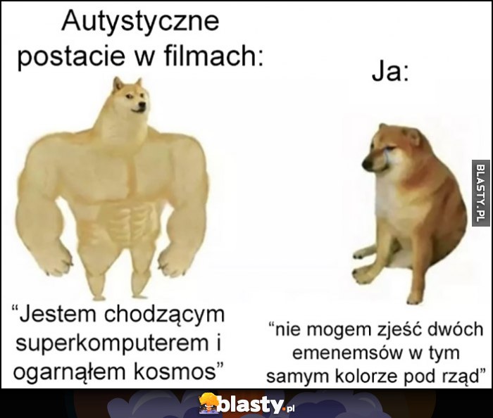 Autystyczne postacie w filmach: jestem chodzącym superkomputerem i ogarnąłem kosmos vs ja: nie mogę zjeść dwóch emememsów w tym samym kolorze pod rząd pies pieseł doge cheems