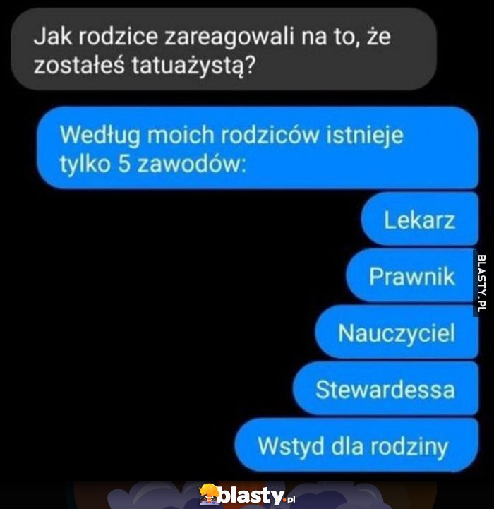 Jak rodzice zareagowali na to, że zostałeś tatuażystą? Według moich rodziców istnieje tylko 5 zawodów: lekarz, prawnik, nauczyciel, stewardessa, wstyd dla rodziny