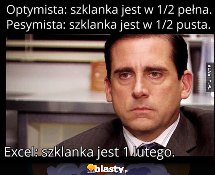 Optymista: szklanka w 1/2 pełna, pesymista w 1/2 pusta, Excel: szklanka jest 1 lutego