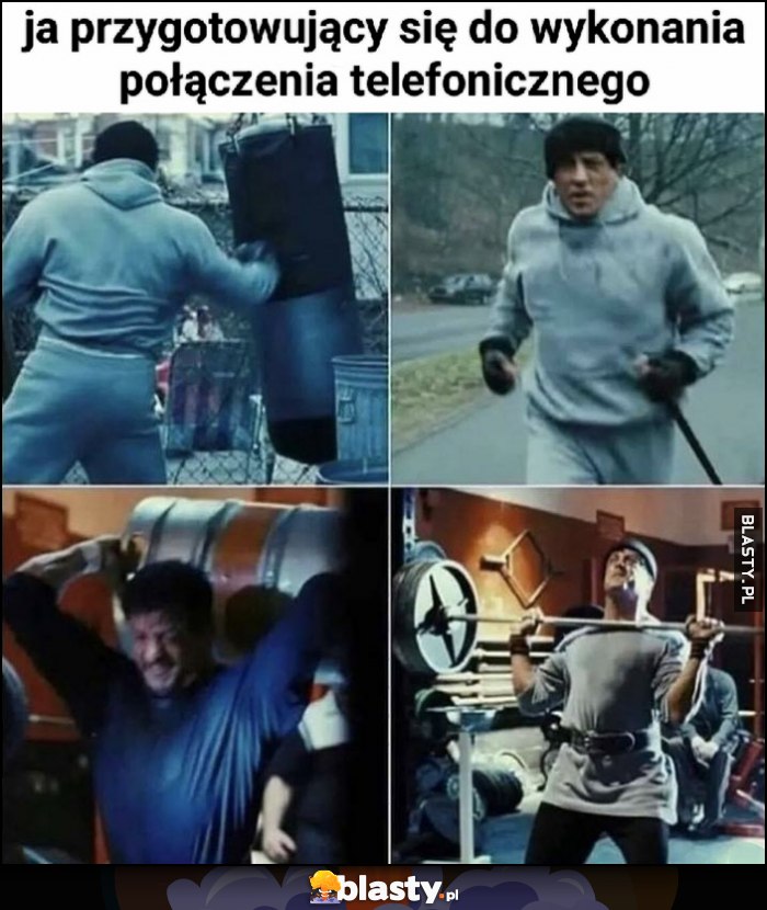 Ja przygotowujący się do wykonania połączenia telefonicznego Rocky ćwiczy