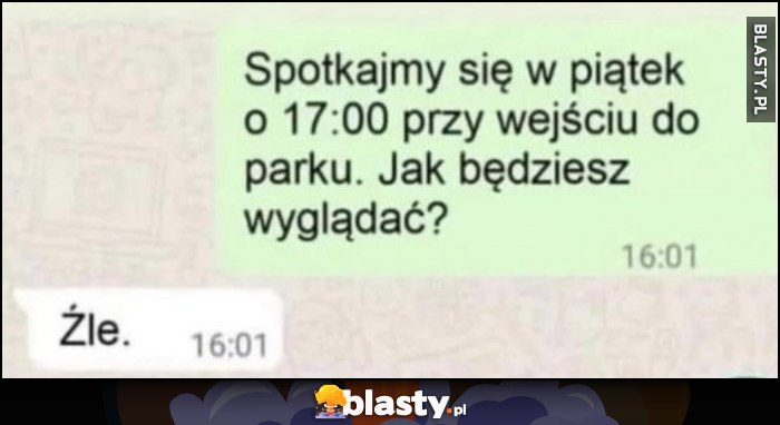 Spotkajmy się w piątek o 17:00 przy wejściu do parku, jak będziesz wyglądać? Źle