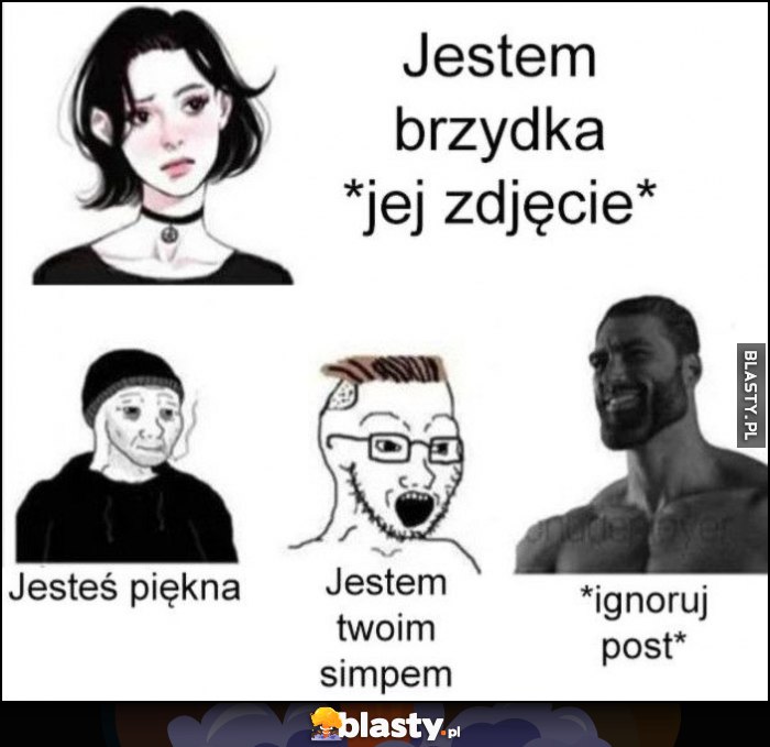 Laska dziewczyna: jestem brzydka *jej zdjęcie*. Reakcja simpów: jesteś piękna, reakcja Chada: ignoruj post