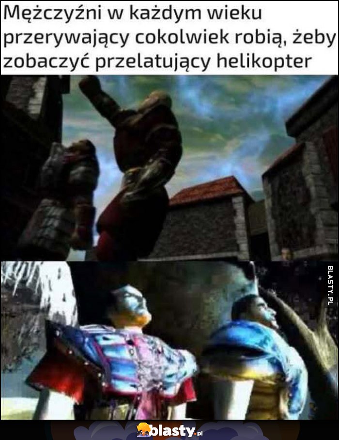 Mężczyźni w każdym wieku przerywający cokolwiek robią, żeby zobaczyć przelatujący helikopter Mężczyźni w każdym wieku przerywający cokolwiek robią, żeby zobaczyć przelatujący helikopter