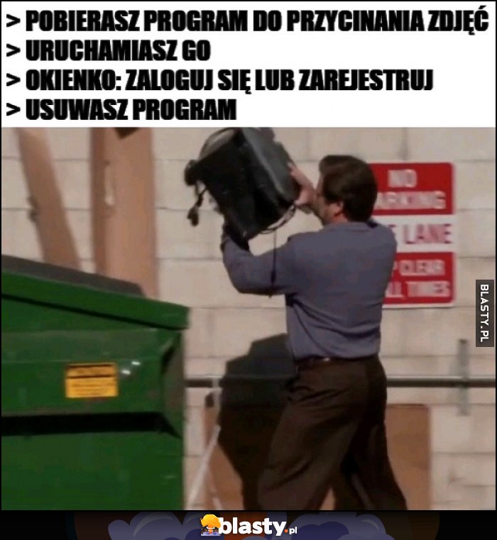 Pobierasz program do przycinania zdjęć, uruchamiasz, okienko zaloguj się lub zarejestruj, usuwasz program