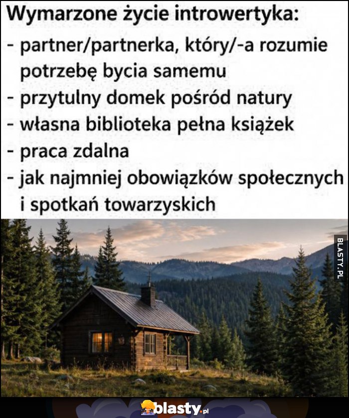 Wymarzone życie introwertyka: wyrozumiały partner, przytulny domek, własna biblioteka, praca zdalna, jak najmniej spotkań towarzyskich