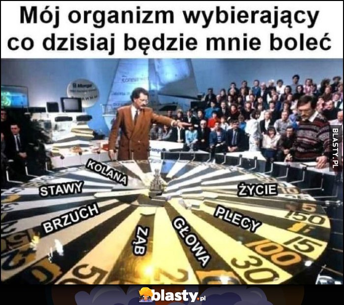 Mój organizm wybierający co dzisiaj będzie mnie boleć: kolana, stawy, brzuch, ząb, głowa, plecy, zycie koło fortuny